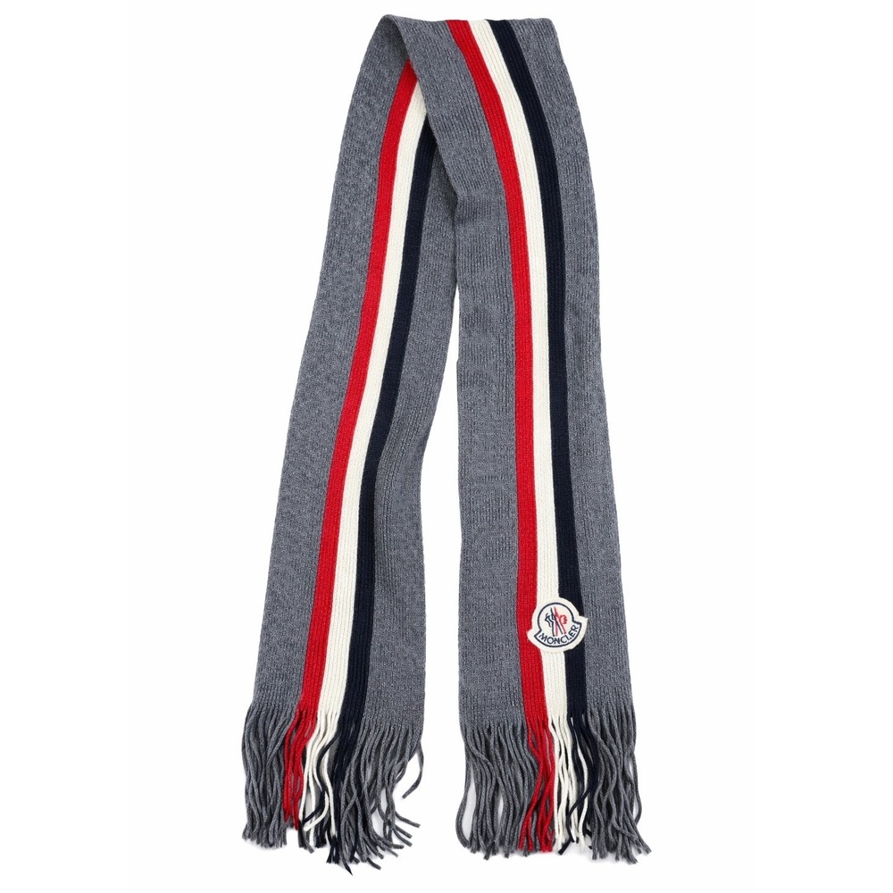 Moncler Wool Scarf Gray Red Navy Stripe Logo Fringe Unisex